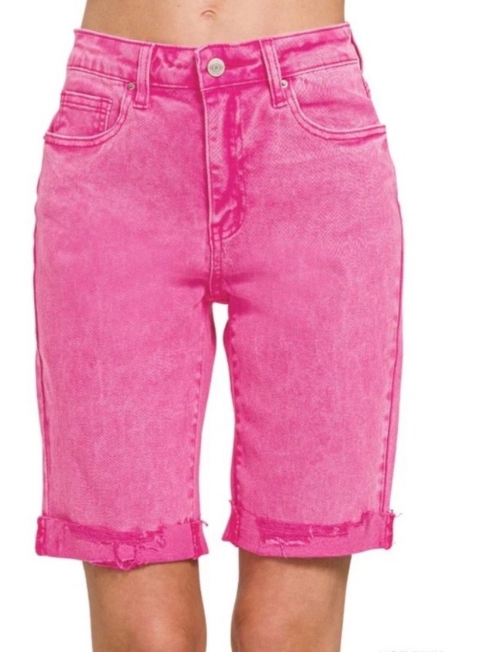 Zenana Outfitters Hot Pink Rolled-Hem Denim Bermuda Shorts